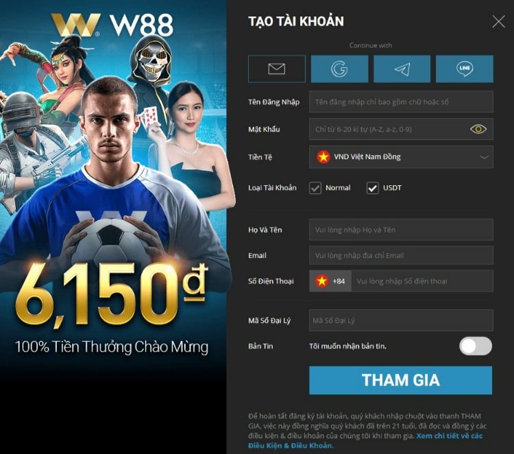 phiếu tạo tài khoản W88