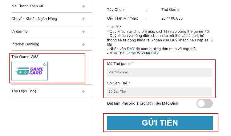Phương pháp gửi tiền W88 bằng thẻ game