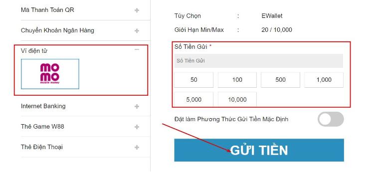 gửi tiền W88 bằng ví điện tử momo