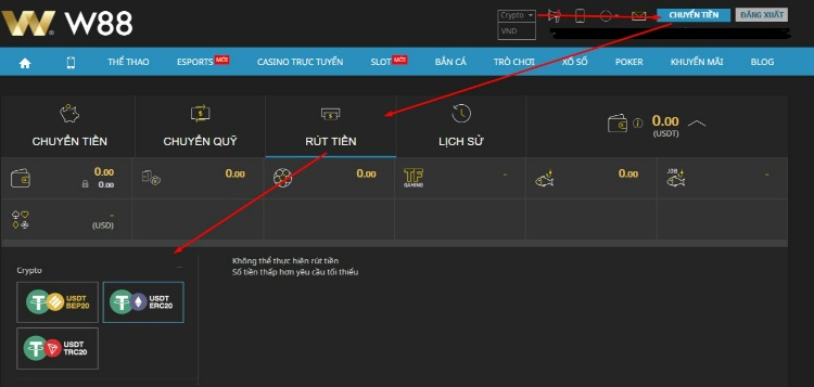 các bước rút tiền W88 bằng tài khoản crypto