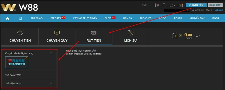 các bước rút tiền W88